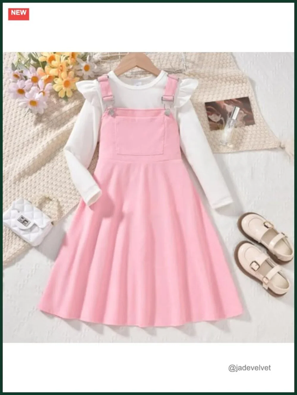 Little Girls Corduroy Overall Dress with Adjustable Strap - 2 Piece Set